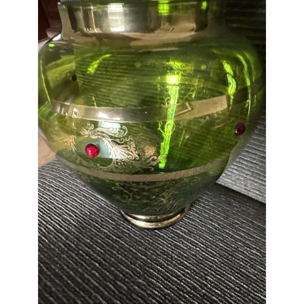 Antique Bohemian Green Glass Vase Gold‎ Gilt & Red Cabochon Jeweled Art Glass 8